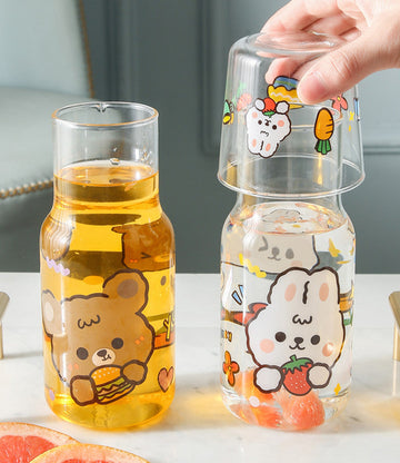 Lovely Rabbit and Bear Glass Water Bottle and cup JK2944